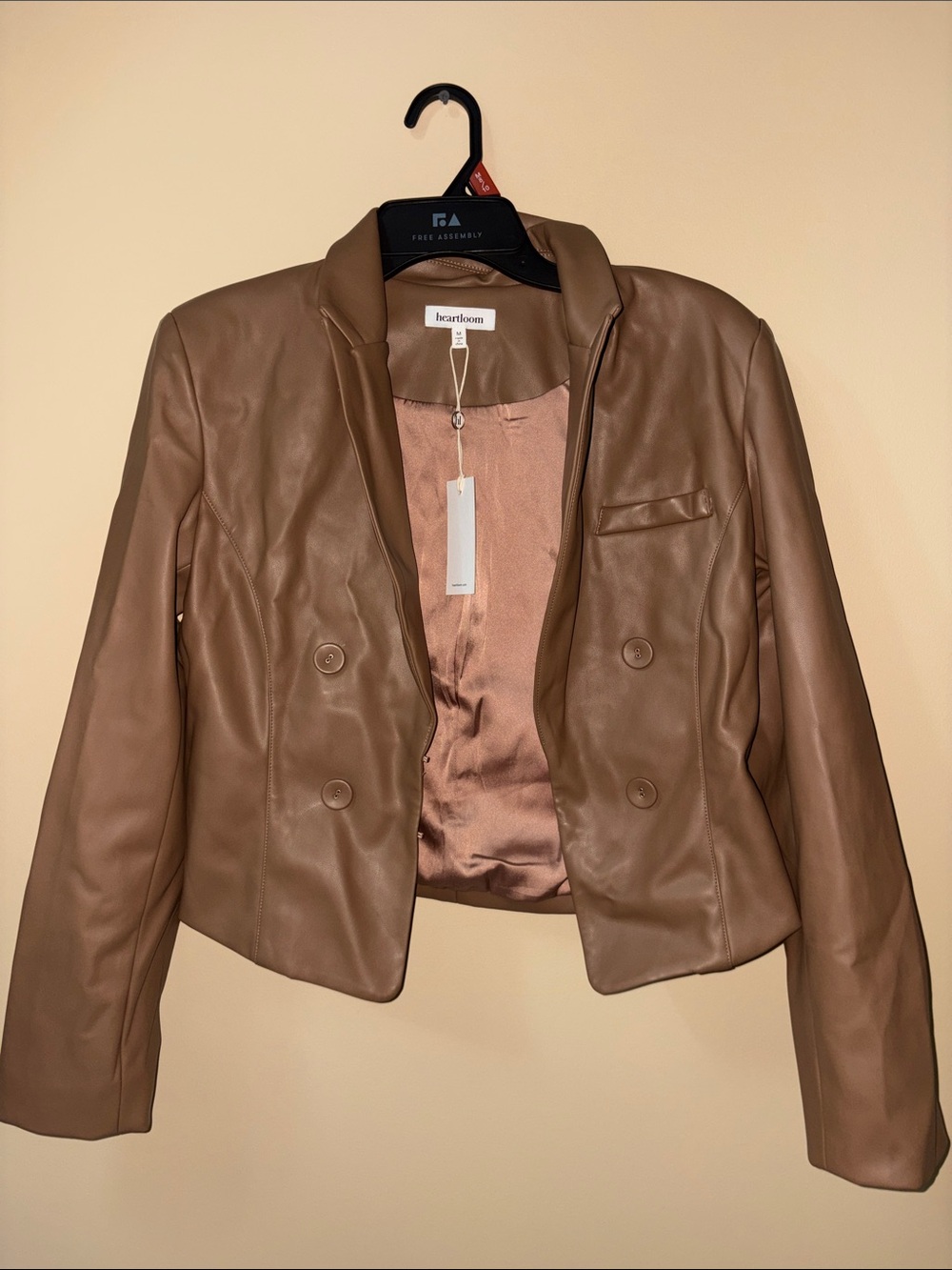 Heartloom Tan Faux Leather Double-Breasted Blazer Jacket